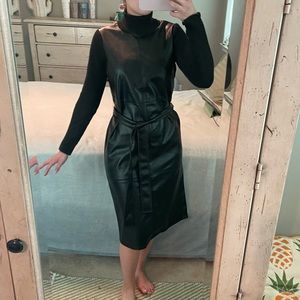 NWT Ann Taylor Black Faux Leather and Knit Midi Dress